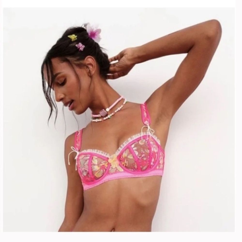 For Love & Lemons Electric Fields Pink Embroidery Underwire Bra XS